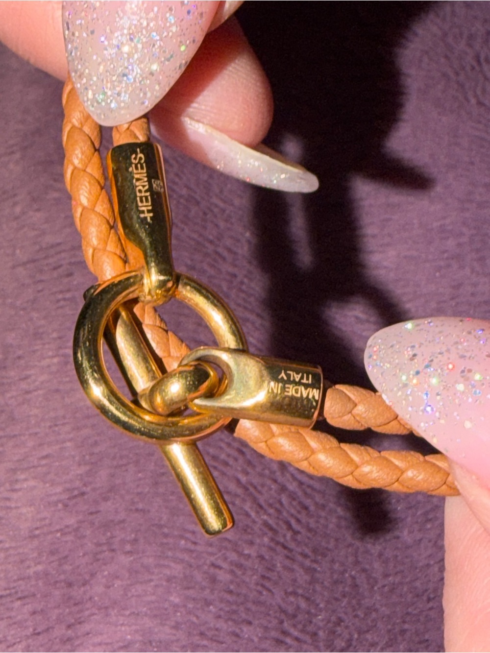 Hermes Tan Braided Leather Bracelet with Gold Toggle